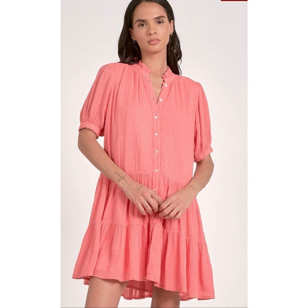 Elan Coral April Tiered Gauze Mini Dress Short Puff Sleeve Boho Size M NWT